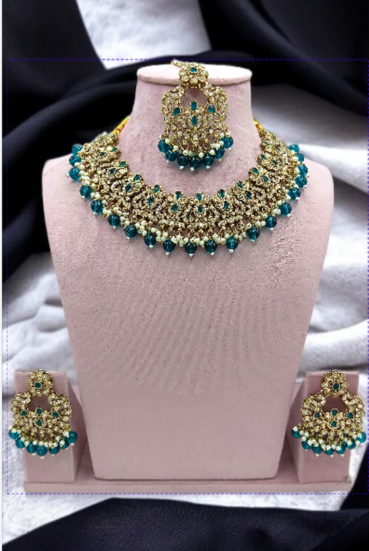 Aqua Blue Exquisite Kundan Necklace & Earrings Set For Women