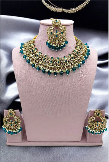 Aqua Blue Exquisite Kundan Necklace & Earrings Set For Women