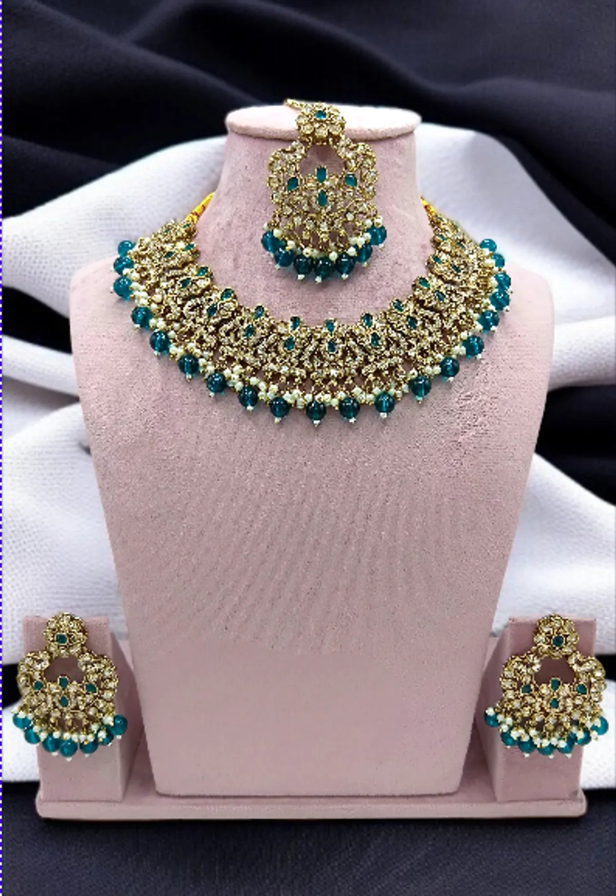 Aqua Blue Exquisite Kundan Necklace & Earrings Set For Women