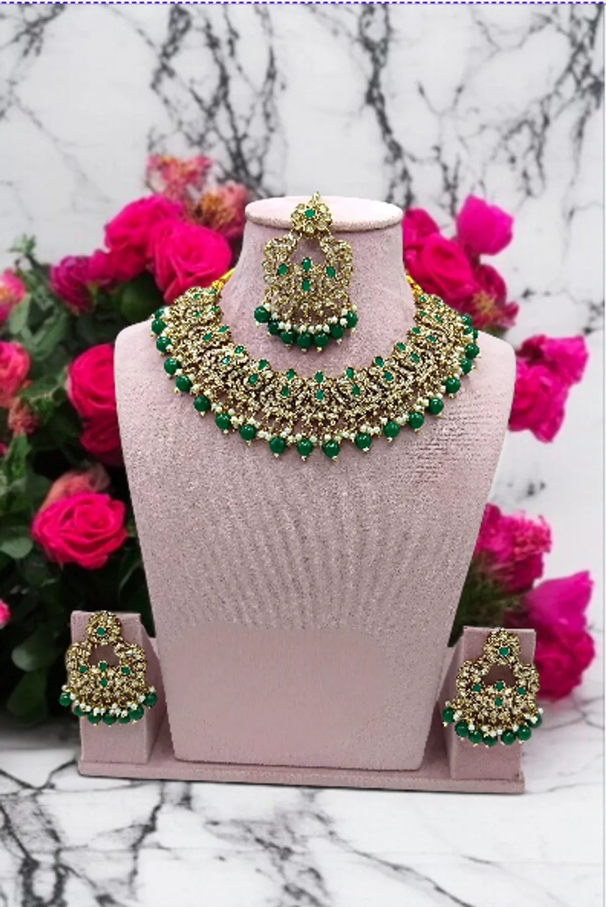 Green Exquisite Kundan Necklace & Earrings Set For Women