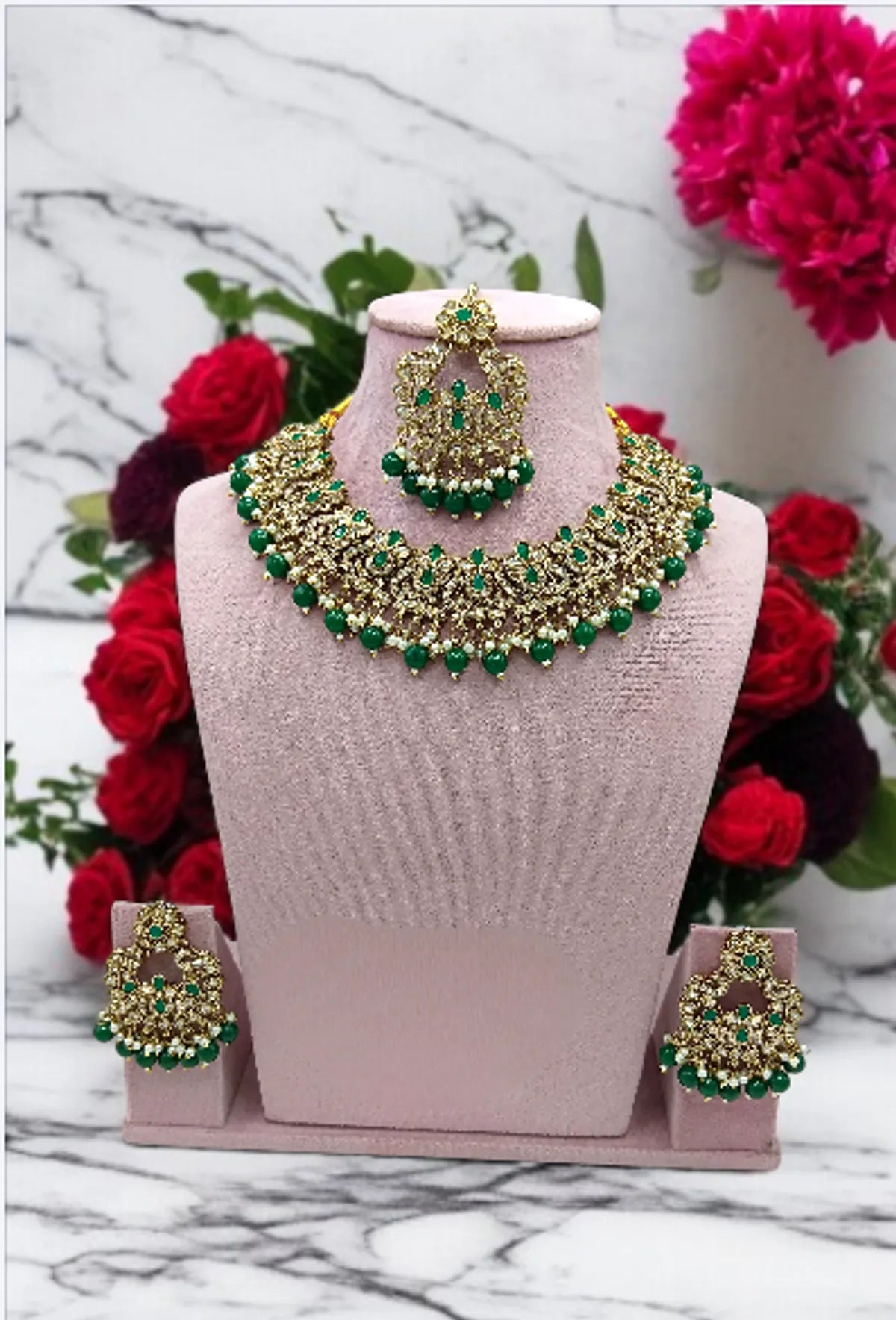Green Exquisite Kundan Necklace & Earrings Set For Women