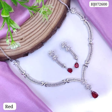 Red Exquisite American Diamond Red Necklace & Earrings Set For Women