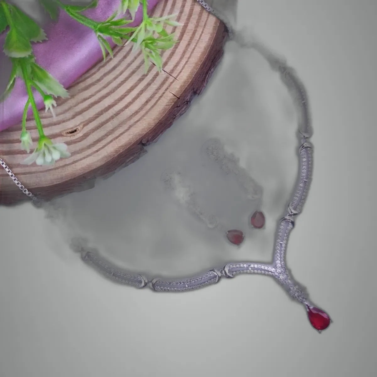 Red Exquisite American Diamond Red Necklace & Earrings Set For Women