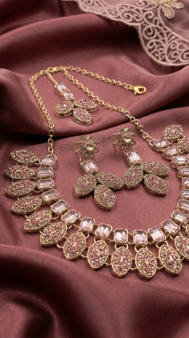 Blush Pink Floral Leaf Polki Choker Set