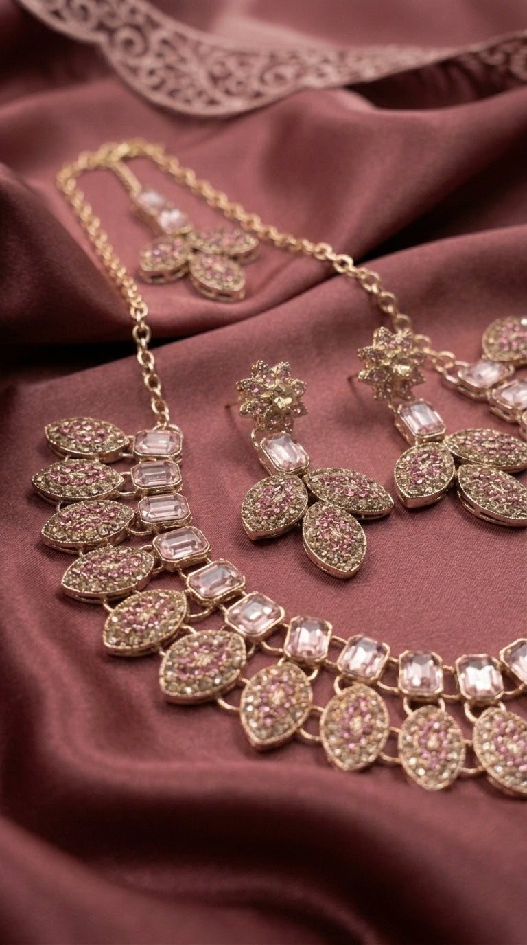 Blush Pink Floral Leaf Polki Choker Set