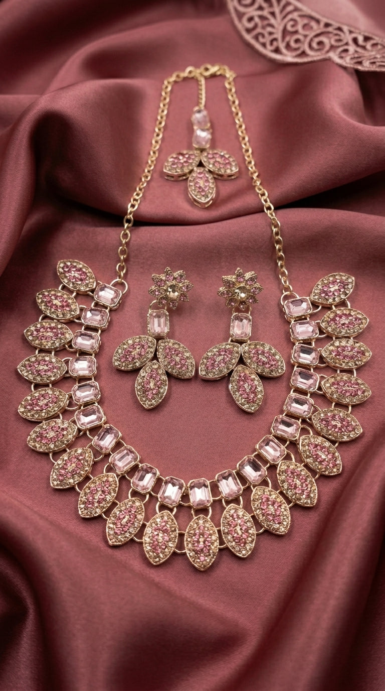 Blush Pink Floral Leaf Polki Choker Set