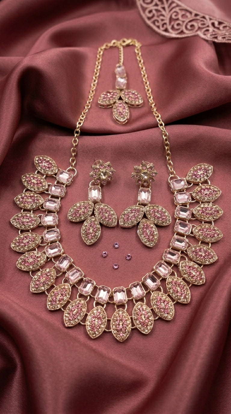 Blush Pink Floral Leaf Polki Choker Set