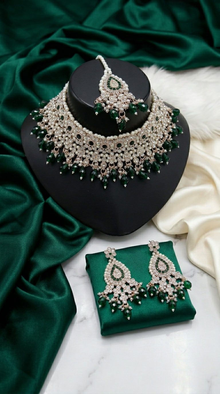 Emerald Pearl Floral Opulence Choker Set